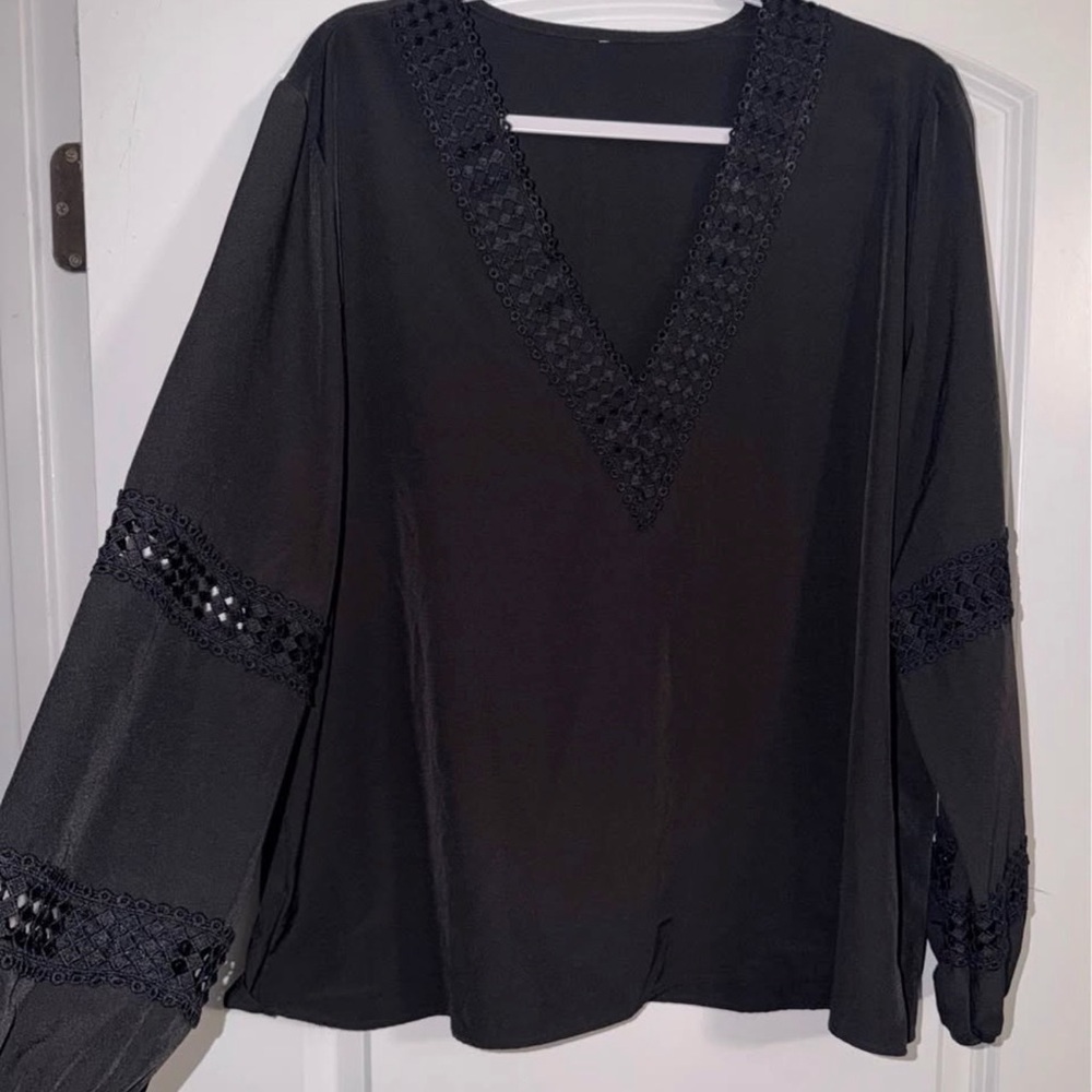 Black V-Neck Top with Detailed Lace Trim - Size XL